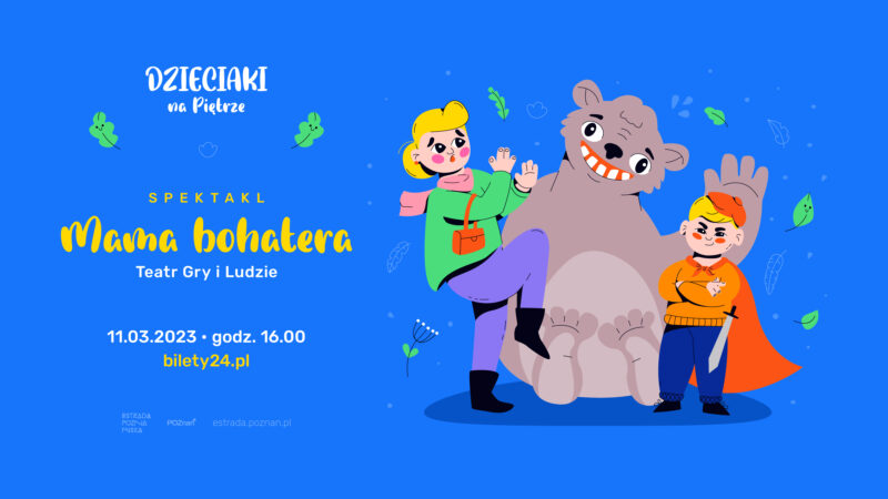 kolorowe postaci niedźwiadka matki i dziecka na niebieskim tle