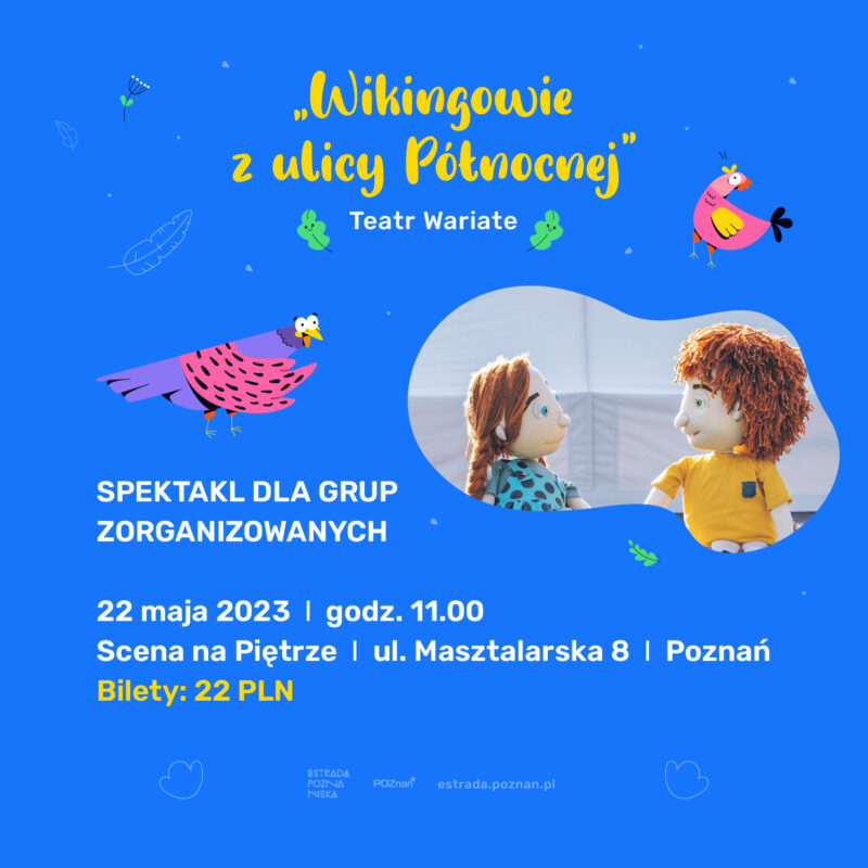 na granatowym tle w obłym obrysie zdjęcie dwóch lalek ze spektaklu Wikingowie z ulicy Północnej